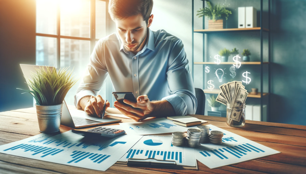Un joven haciendo finanzas personales con unos gráficos delante de el y unas monedas delante de el