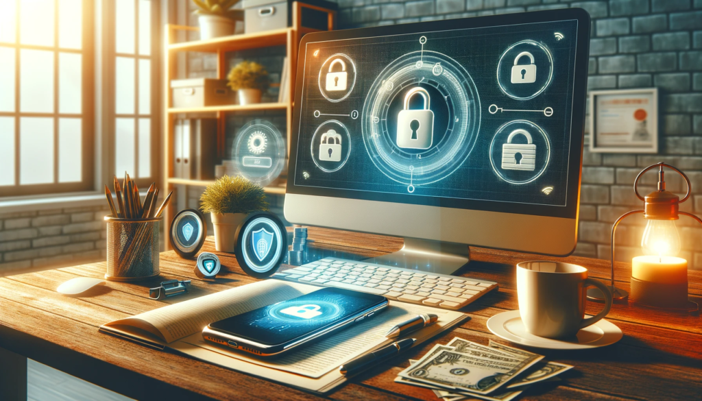 Un escritorio con un ordenador Mac y un Iphone en el que tienen una imagen de ciberseguridad