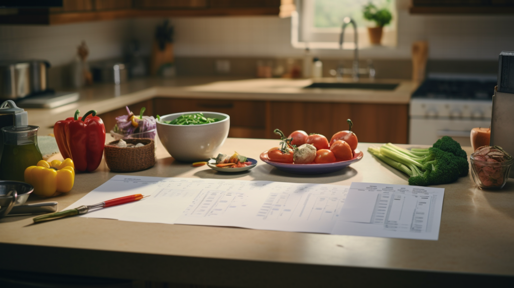 Una mesa de cocina con verduras y unos papeles delante