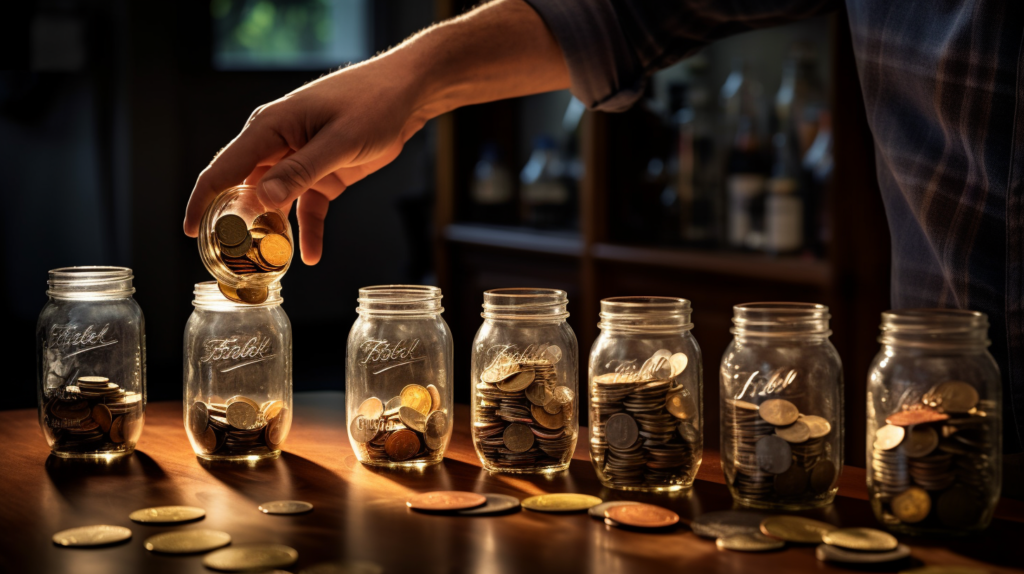 Varios tarros de cristal con monedas dentro y una mano metiendo dinero dentro de uno de ellos
