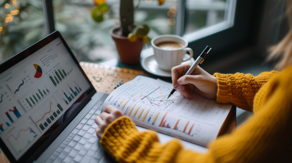 Inversionista tomando notas frente a un portafolios de inversiones con una taza de café, simbolizando planificación y estrategia en inversiones.