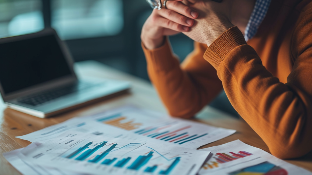 Persona pensativa mirando documento titulado 'Errores de Inversión' con gráficos de tendencias del mercado, transmitiendo reflexión y precaución.