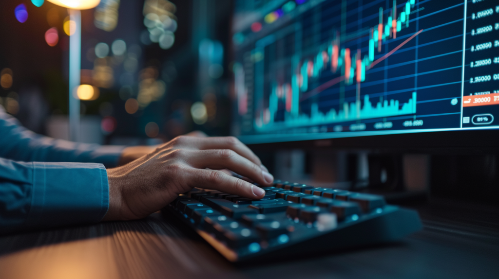 Manos sobre teclado con pantalla de fondo mostrando gráfico del S&P 500 y nombres de fondos indexados, enfatizando investigación y aprendizaje.