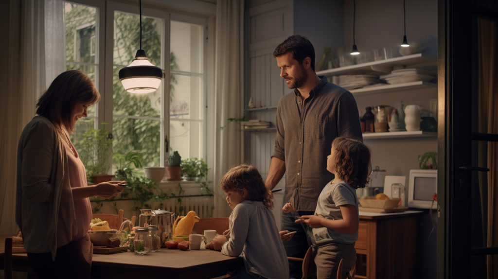 Una familia alrededor de una mesa de cocina mirando un objeto que sostiene la madre