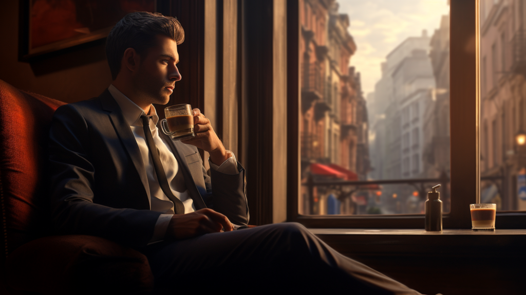 Un hombre elegante sosteniendo una taza de café mirando por la ventana