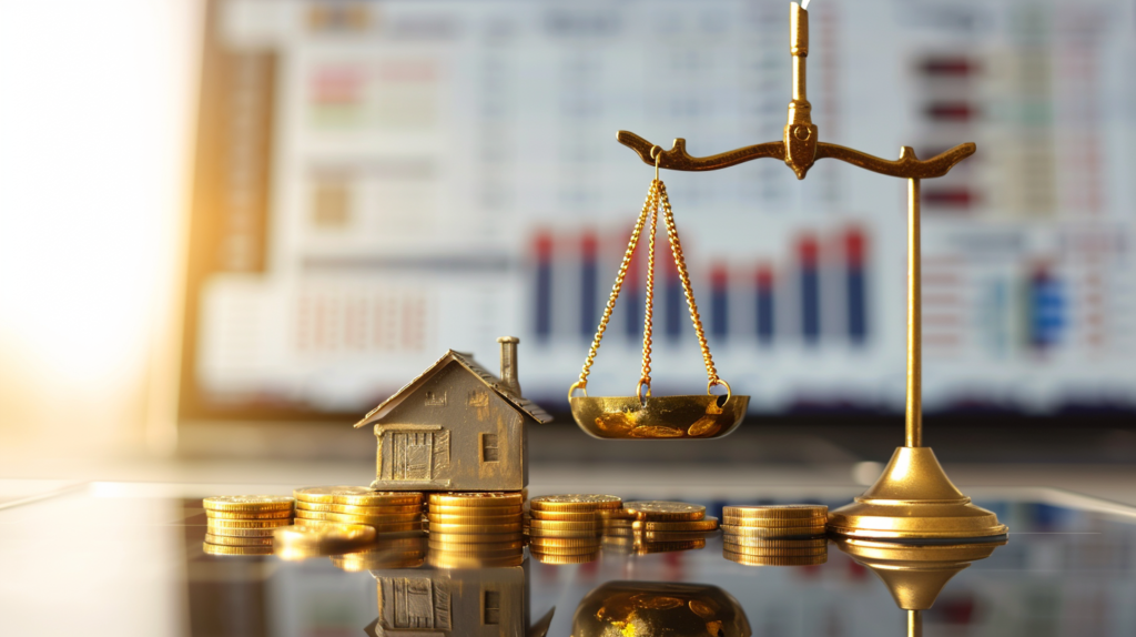 Una balanza del ahorro de una casa y unas monedas