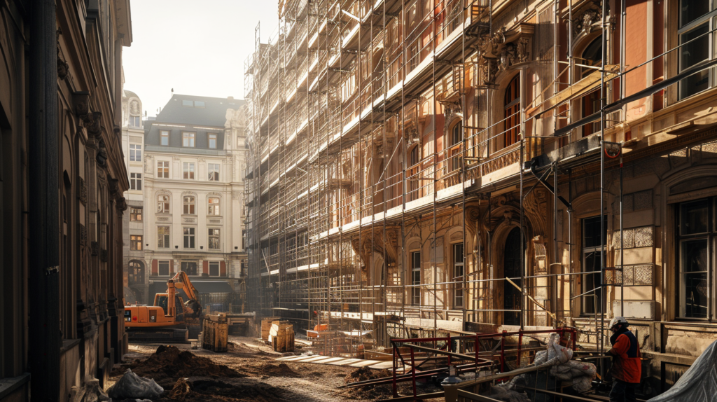 París de obras calle en reconstrucción con una grúa y andamios en el edificio