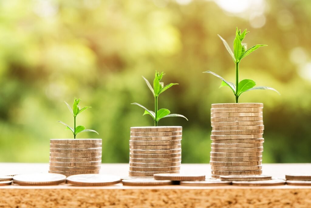 Un escalera de monedas y unos tallos de plantas creciendo encima de la escalera de monedas
