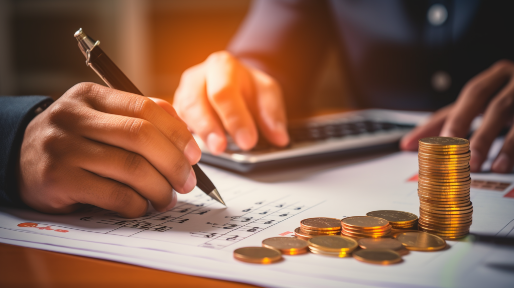 Una mano haciendo calculos financieros para ahorrar dinero
