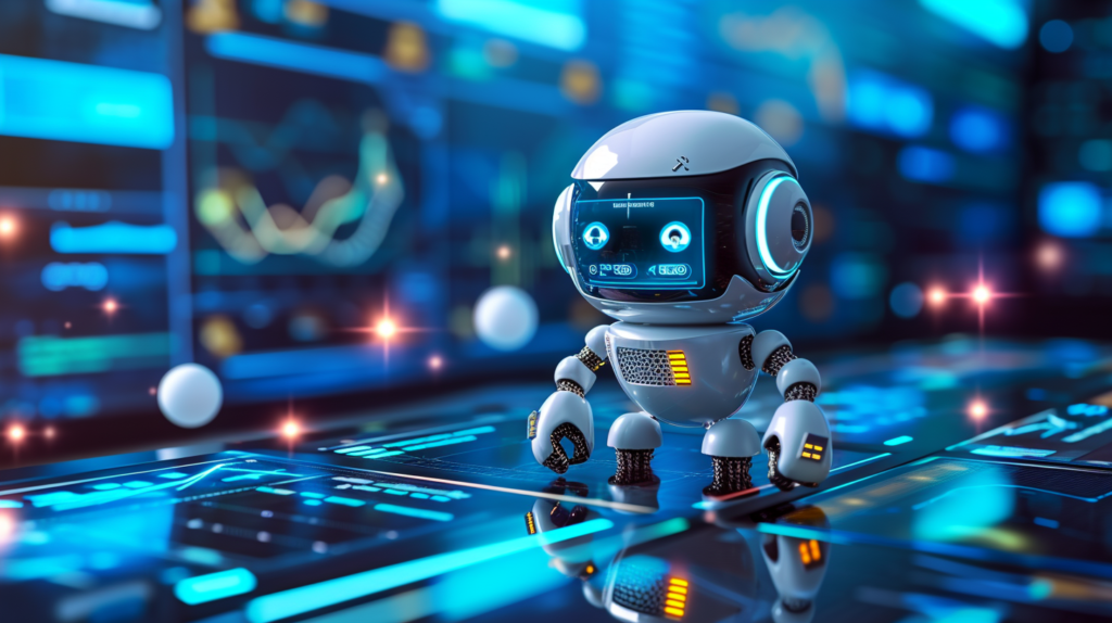 Robot andando por encima de una pantalla con gráficos de fondo